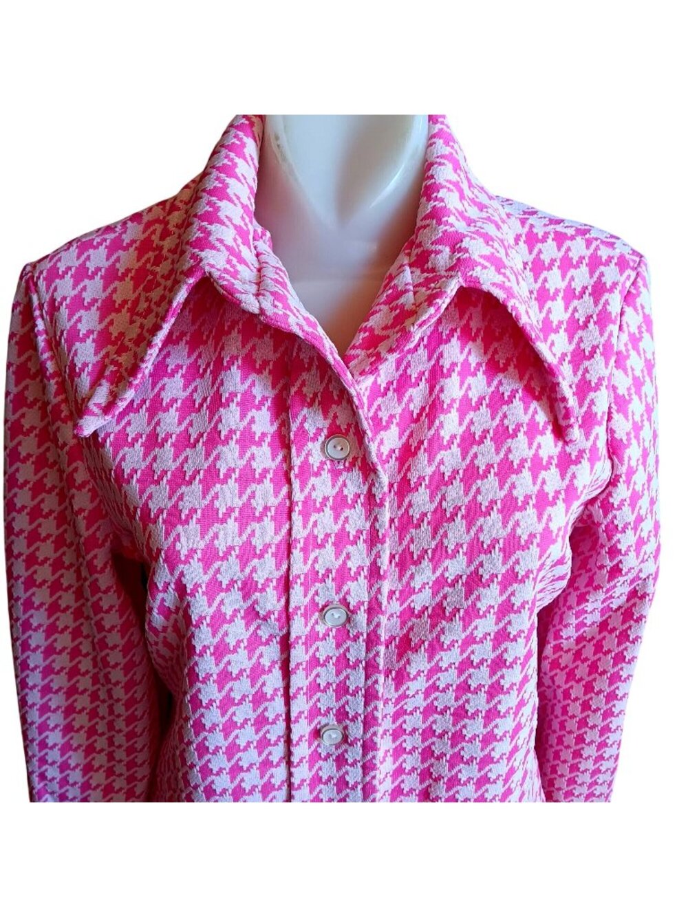 Vintage Women's Texas Granny Pink Houndstooth Button-Up Shirt Big Mod Collar